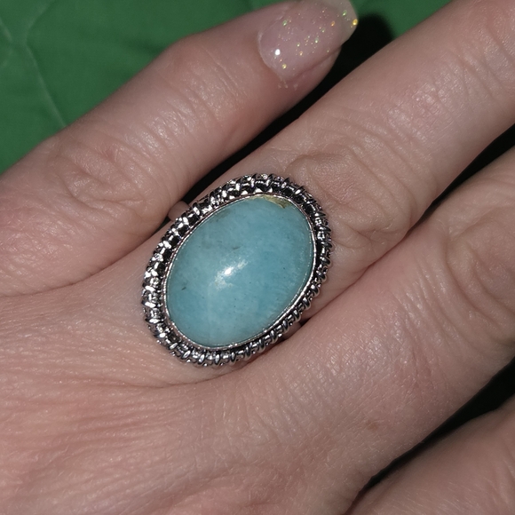Sterling Silver Amazonite Ring: Oval Gemstone Boho Split  Russian Amazonite Silver Tone Oval Ring